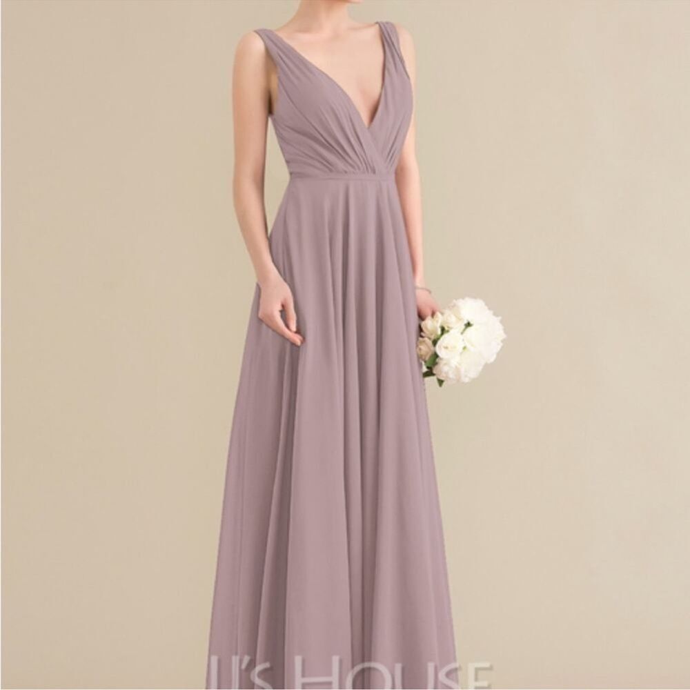 NWT JJ’s House Mauve Pleated V-Neck Chiffon Bridesmaid Dress Formal Evening Midi